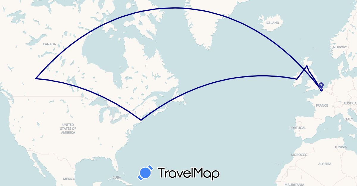 TravelMap itinerary: driving in Canada, France, United Kingdom, Ireland, United States (Europe, North America)